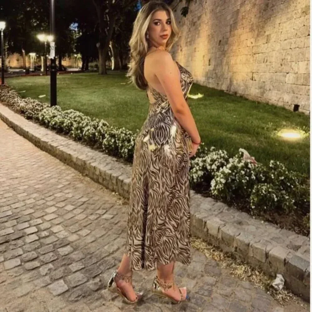 Zara Foil Animal Print Halter Midi Dress